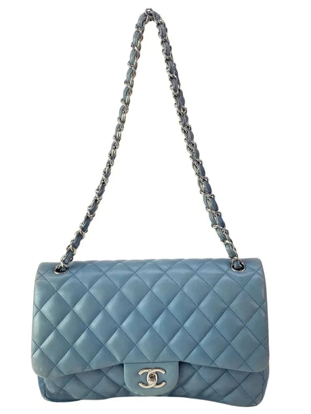 CHANEL Large Matelasse Blue Lambskin Shoulder Bag